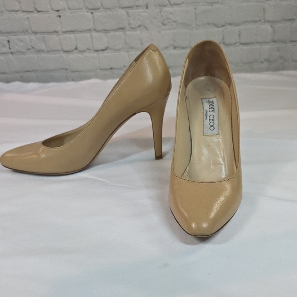 Jimmy Choo Leather Heels Nude / Ecru Esme 85 Pump Size 38.5 Or 8.5